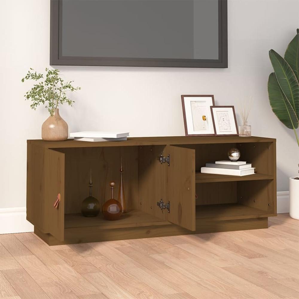 vidaXL 2 Door 2 Shelf Honey Brown Solid Pine Wood TV Cabinet Image 3