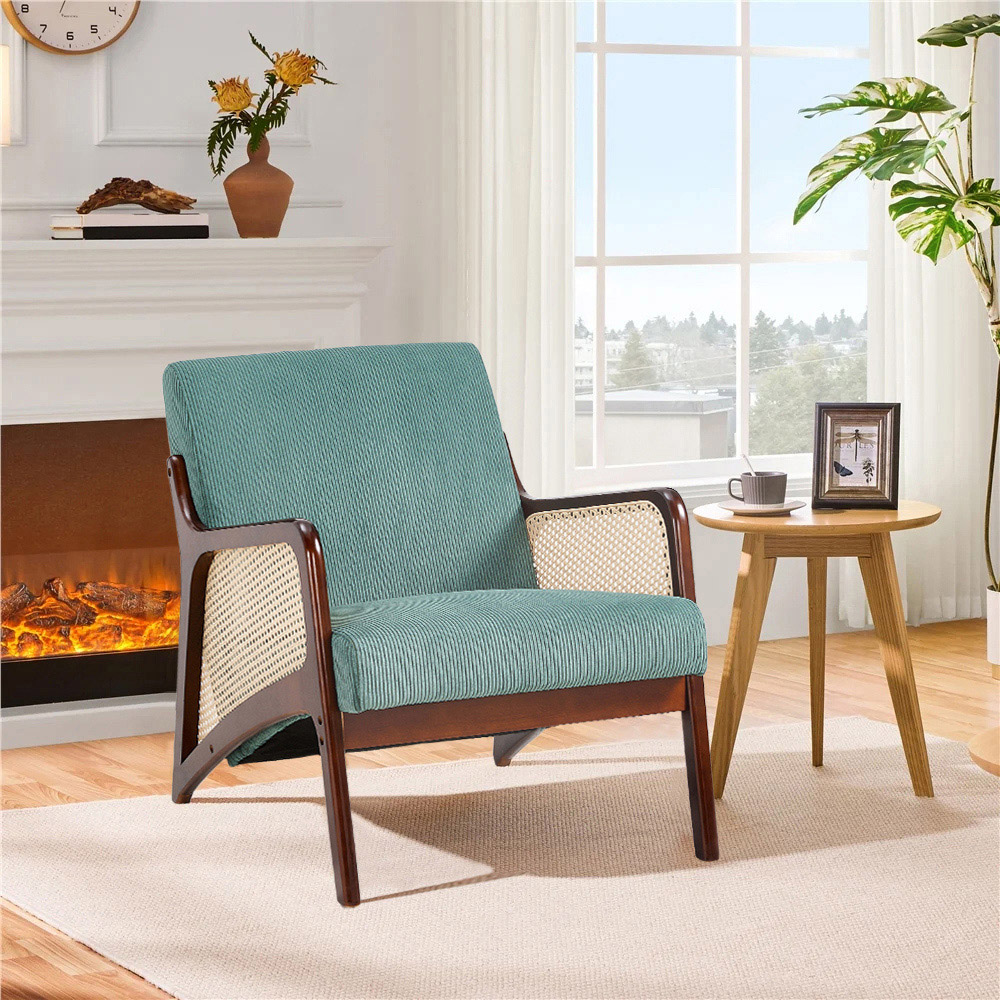 Living and Home Green Corduroy Armchair with Rattan Armrest Image 3