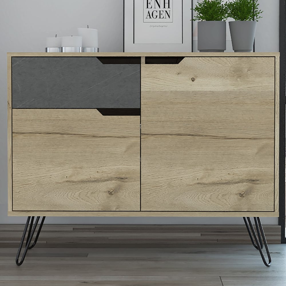 Core Products Manhattan 2 Doors Single Drawer Oak and Grey Small Sideboard Image 1