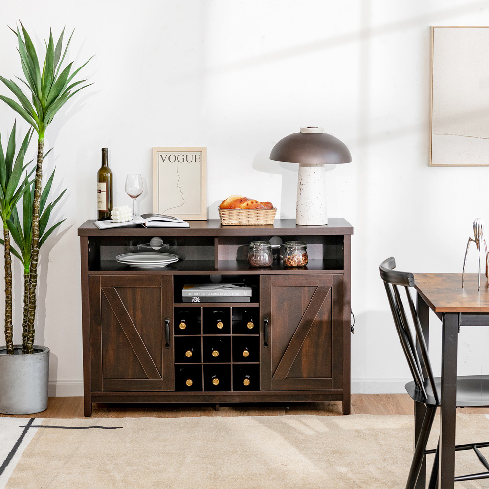 Costway 2 Door 2 Shelf Dark Brown Buffet Storage Cabinet with Detachable Wine Rack Image 4