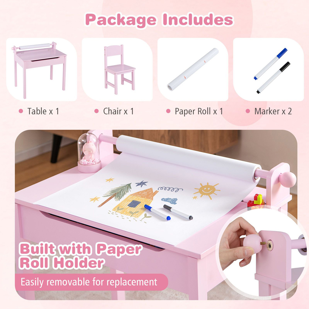 Costway Pink Kids Activity Table and Chair Set with Paper Roll Holder Image 5