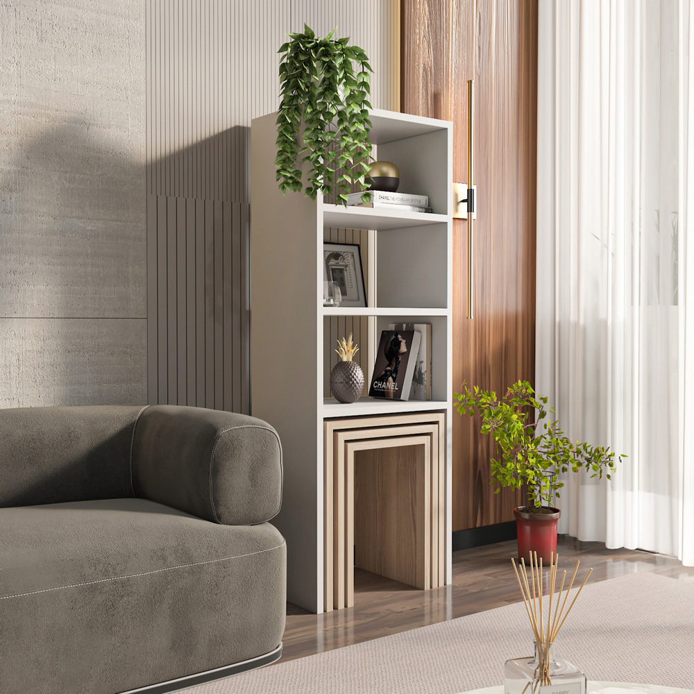 Decorotika Modern Melo 3 Shelf White Cordoba Bookcase with Nest of Tables Set of 3 Image 5