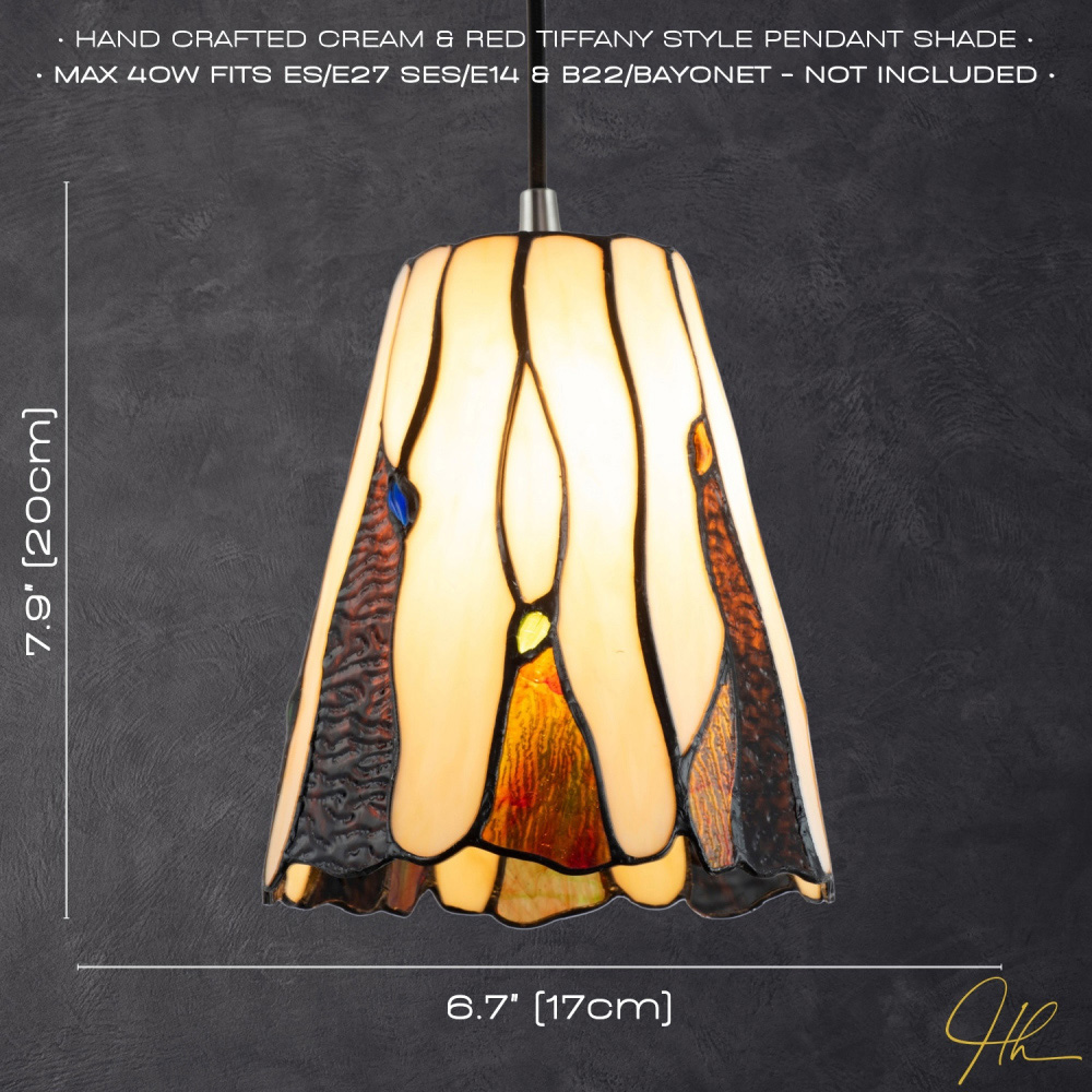 Happy Homewares Amber Stained Glass Tiffany Pendant Light Shade with Coloured Gems Image 7