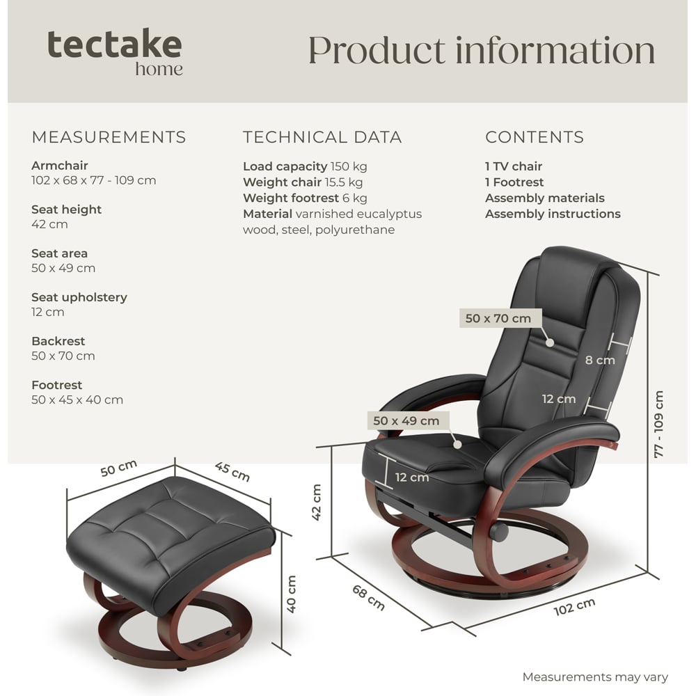 tectake William Black Swivel Armchair with Stool Image 8