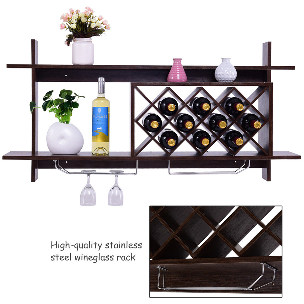 Costway Walnut Wall Mounted 10 Bottle Wine Rack Image 8
