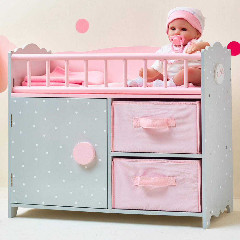 Teamson Kids Olivia's Little World Pink and Grey Polka Dots Baby Doll Crib with Cabinet and Cubby Image 5