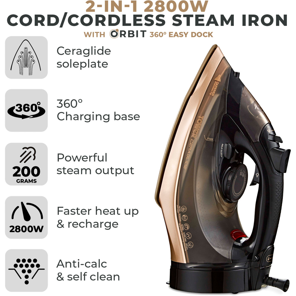 Tower Ceraglide Black and Gold 360 Cord Cordless Steam Iron 2800W Image 3