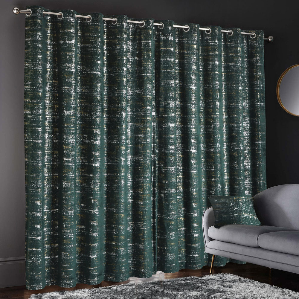 Intimates Warwick Green Metallic Velvet Eyelet Curtains 223 x 183cm Image 2