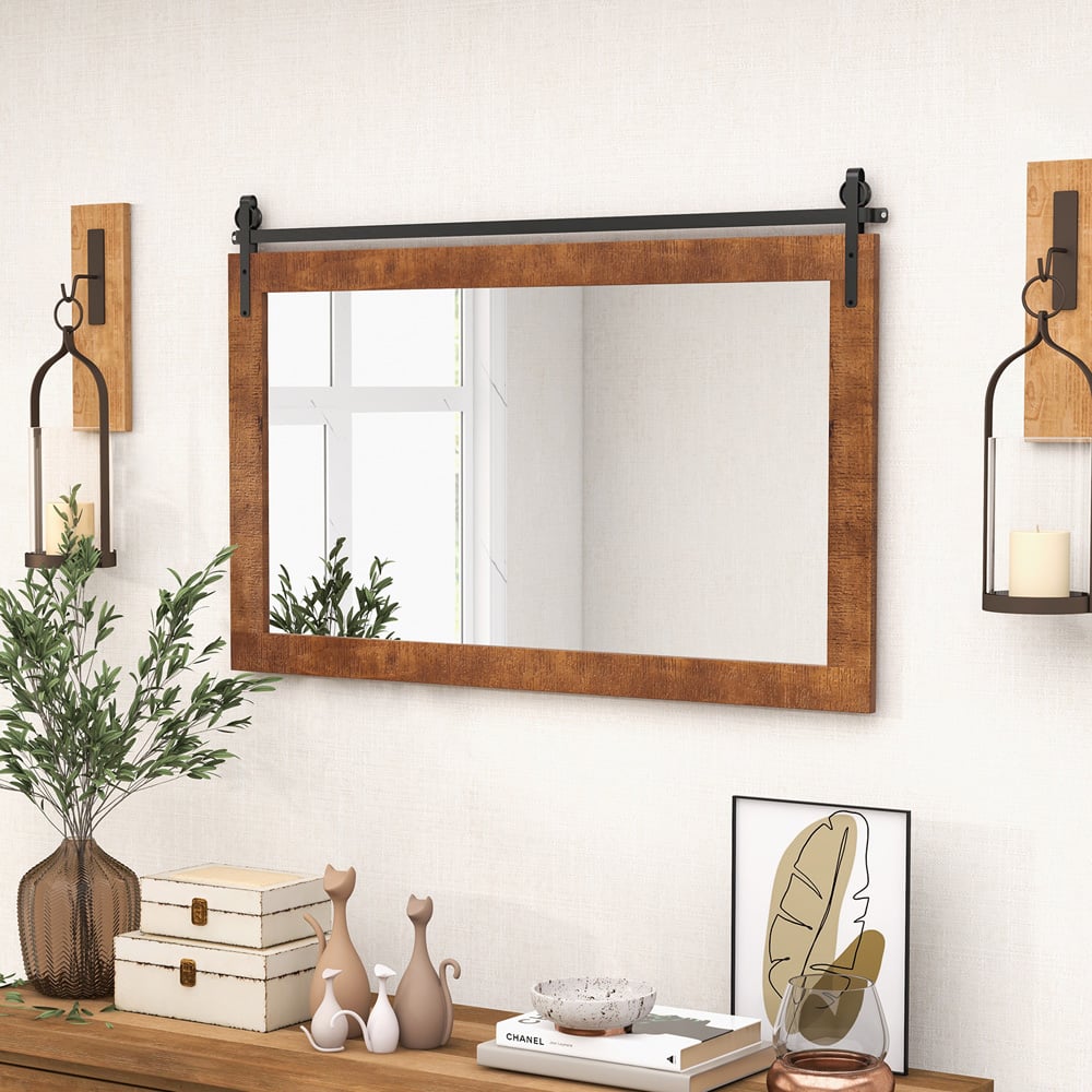 Costway Brown Fir Wood Frame Farmhouse Wall Mirror 66 x 100cm Image 3