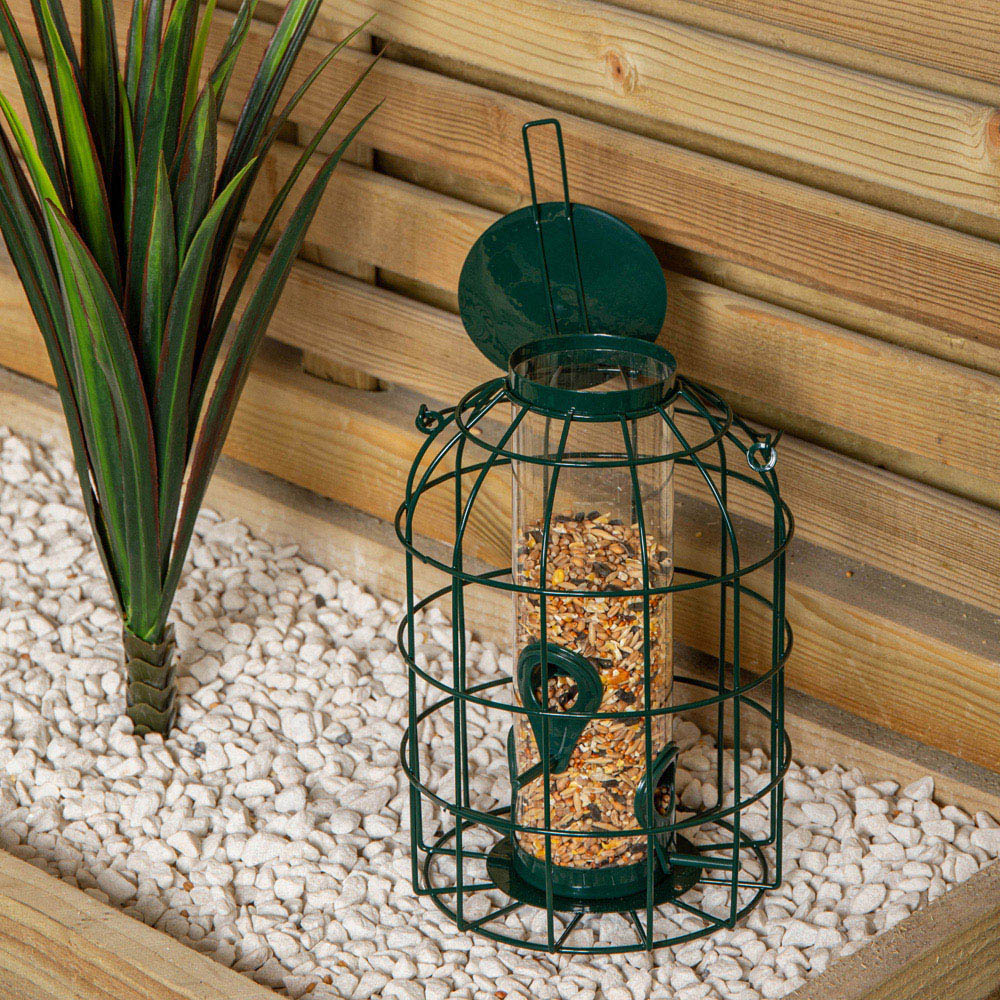 Samuel Alexander Green Metal Hanging Bird Seed Feeder with Squirrel Guard Image 2