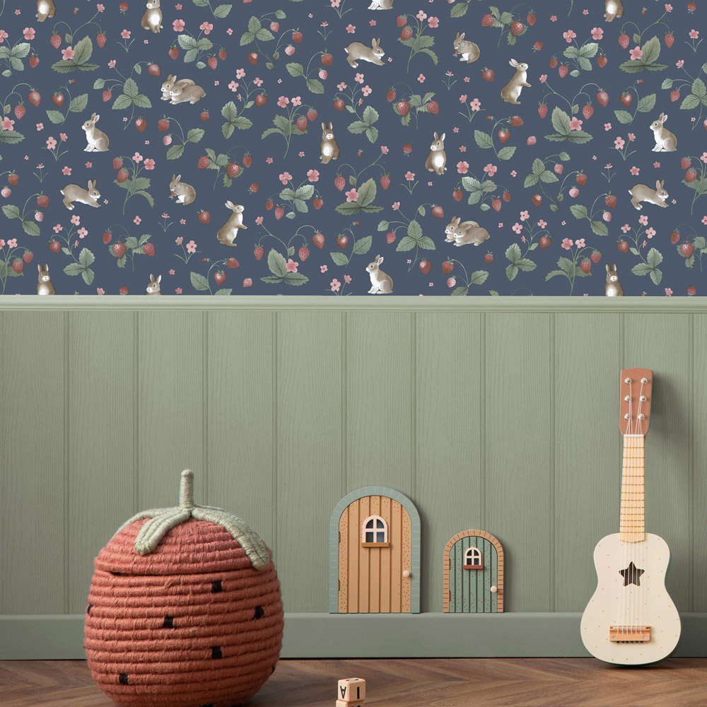 Holden Decor Bunnies and Berries Navy Wallpaper Image 3