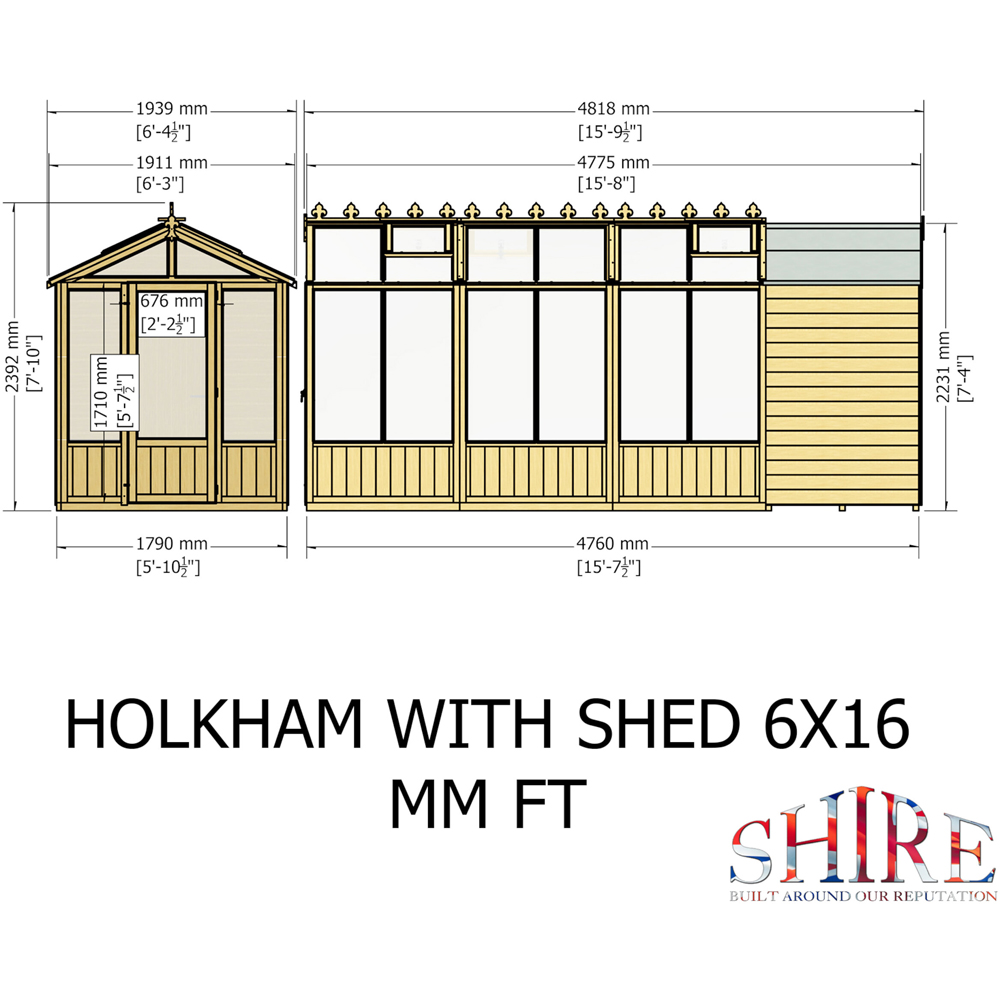 Shire Holkham 6 x 16ft Glazed Toughened Glass Greenhouse with Shed Image 9