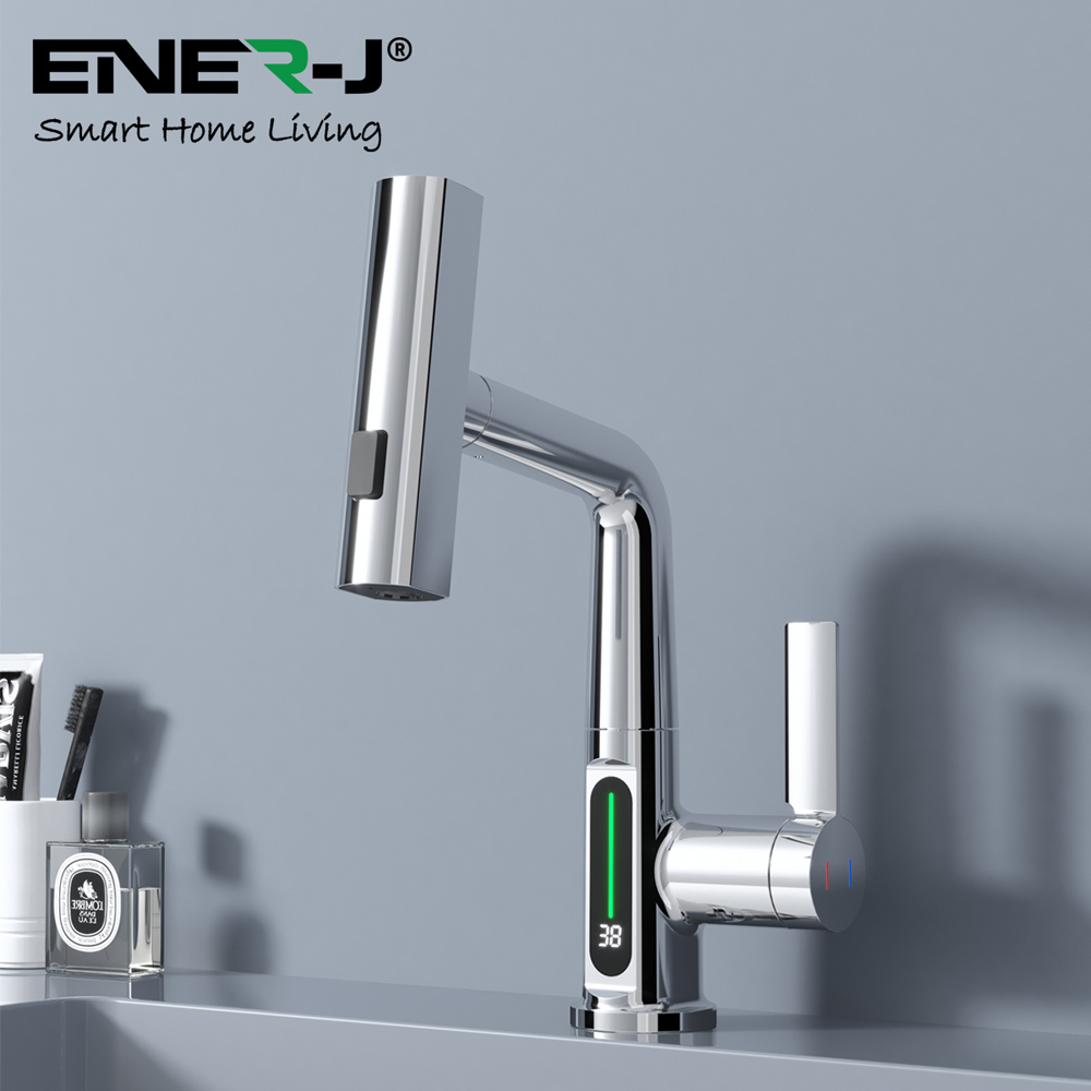 Ener-J Single Hole Chrome Pull Out Waterfall Kitchen Tap with LED Display Image 4