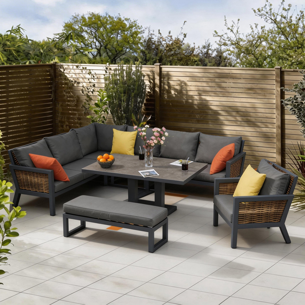 Furniture One 9 Seater Grey Aluminium Outdoor Corner Lounge Set with Lift-Up Table Image 1