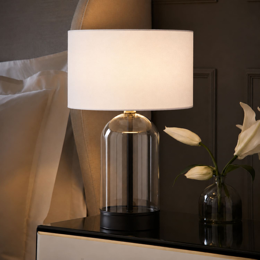 ValueLights Jessy White Fabric Drum Shade Black Trim Glass Table Lamp with Bulb Image 2