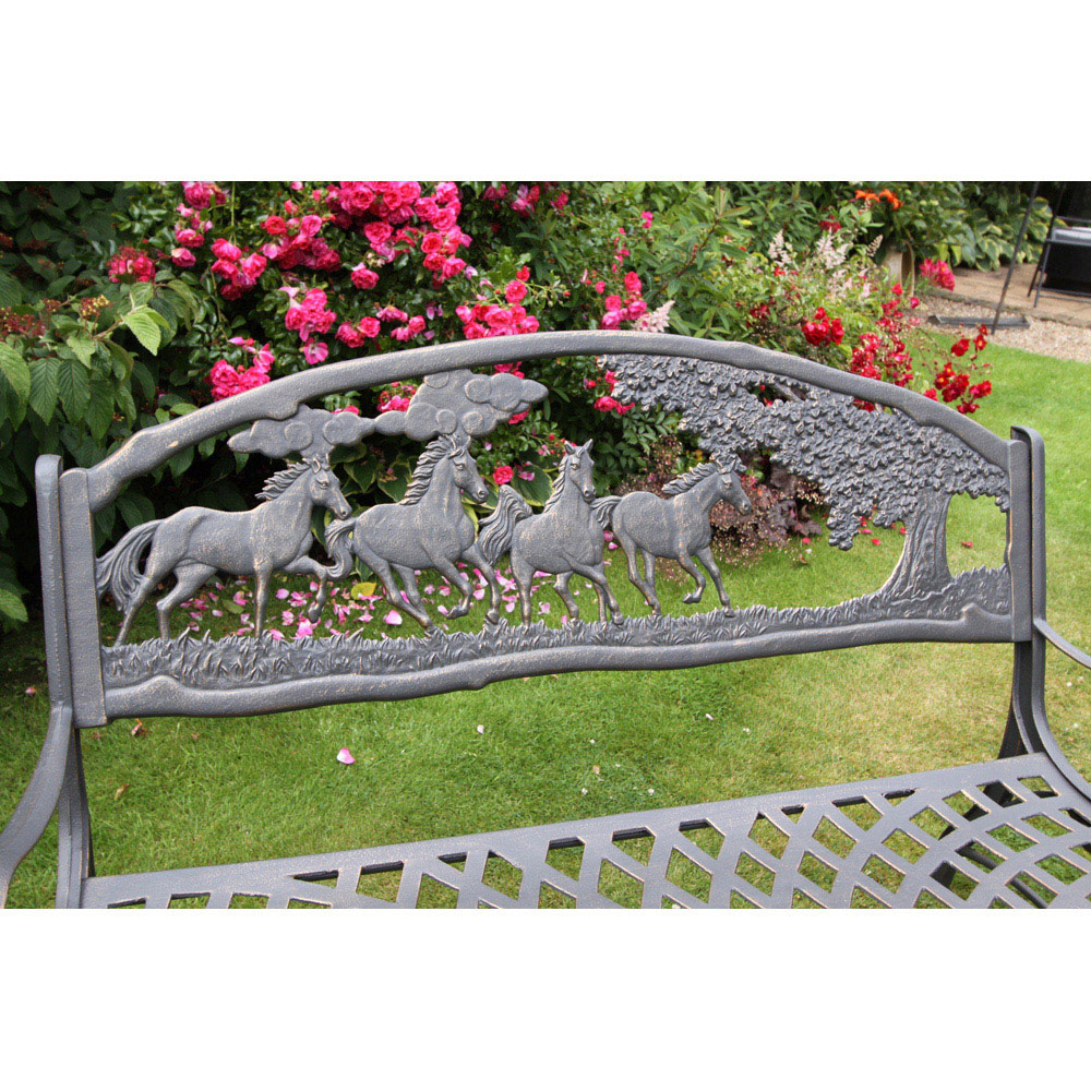 Gardeco 2 Seater Horses and Tree Motif Black and Bronze Patina Cast Iron Bench Image 4
