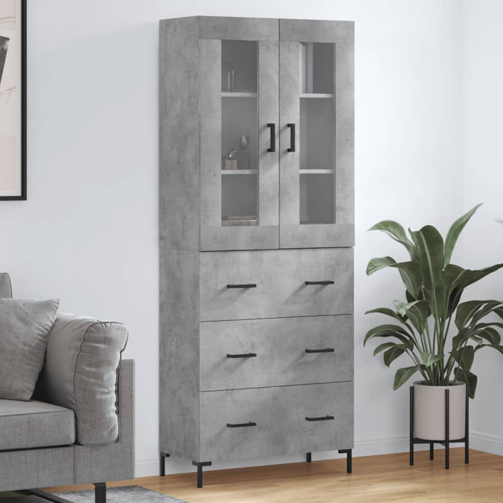vidaXL 2 Glass Door 3 Drawer Concrete Grey Highboard with Black Handle Image 1
