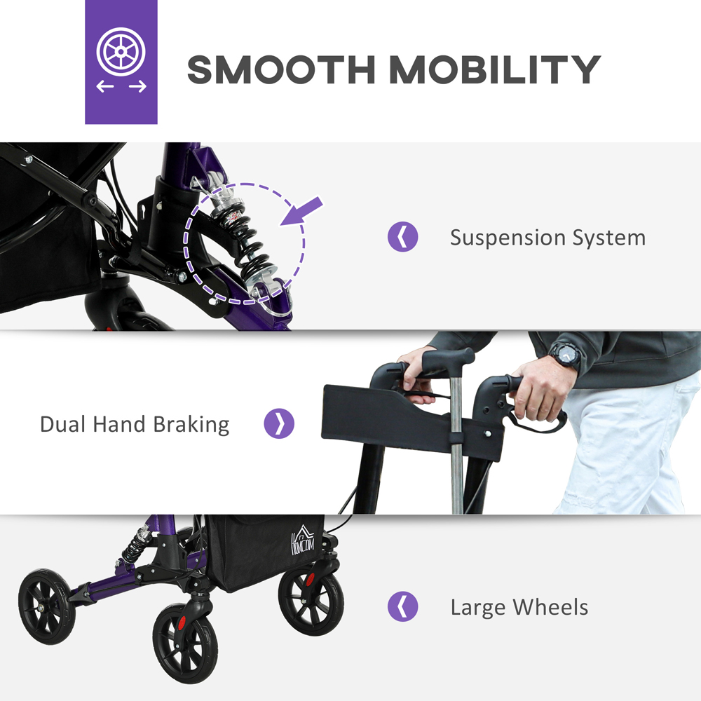 HOMCOM Purple 4-Wheel Foldable Rollator Walker with Suspension Seat and Storage Bag Image 5