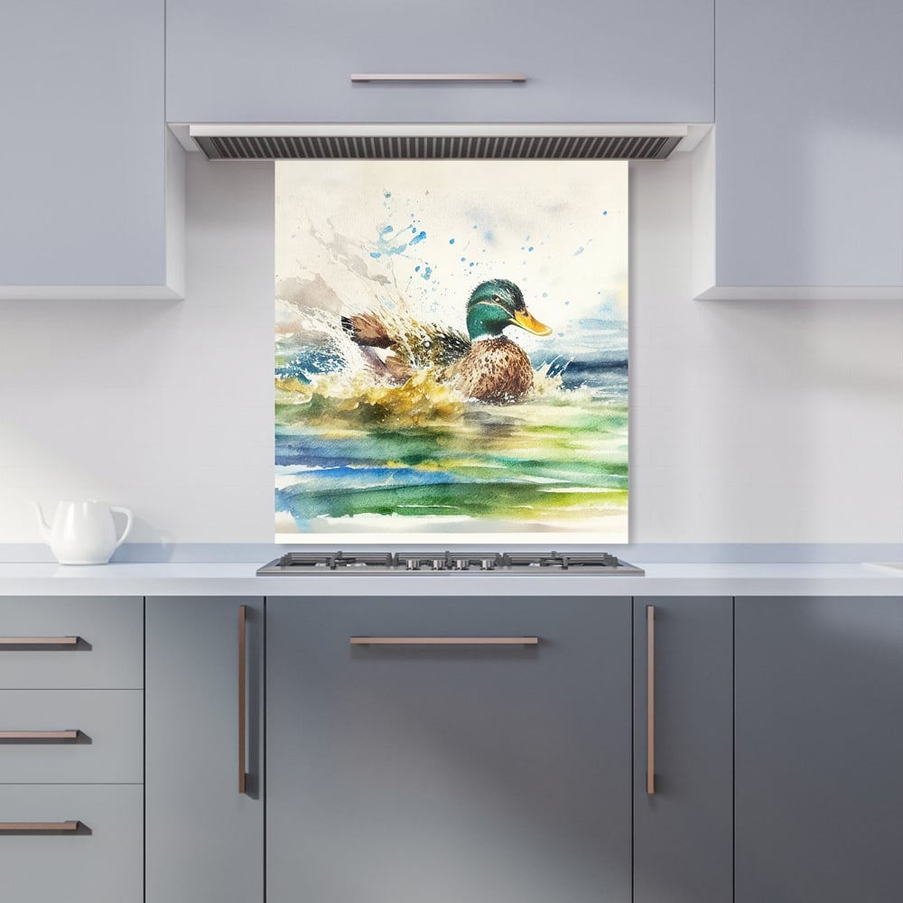 Warren Reed Designer Splashing Mallard Watercolour Glass Kitchen Splashback 65 x 60cm Image 1