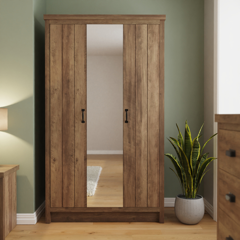 GFW Boston 3 Door Knotty Oak Mirrored Wardrobe Image 7