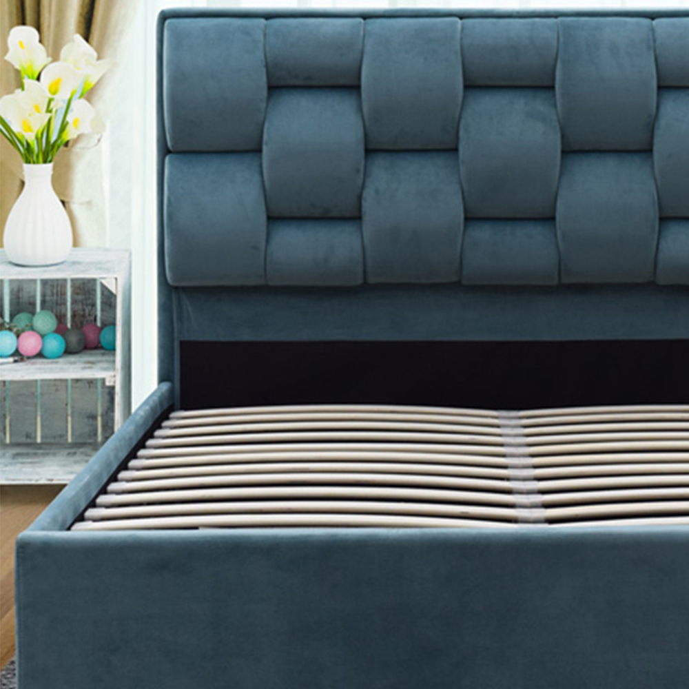 Brooklyn Double Blue Plush Velvet Storage Ottoman Bed Image 2