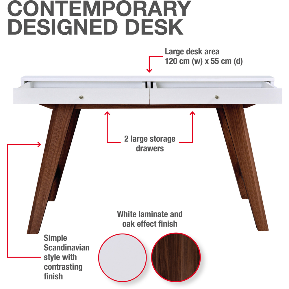 TTAP Florence White and Walnut Effect 2 Drawer Office Computer Desk Image 7