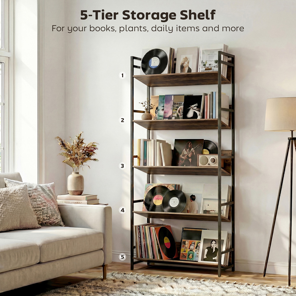 Portland 5 Shelf Rustic Brown Anti Slip Bookcase Image 4