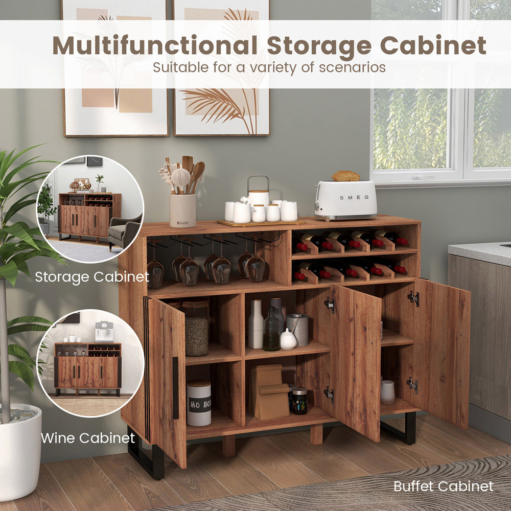 Costway 3 Door 10 Bottle Rustic Brown Home Wine Bar Cabinet with Glass Holder Image 5