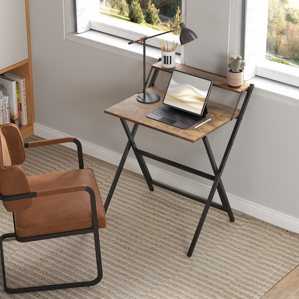 HOMCOM 2 Shelf Foldable Computer Desk Rustic Brown Image 7