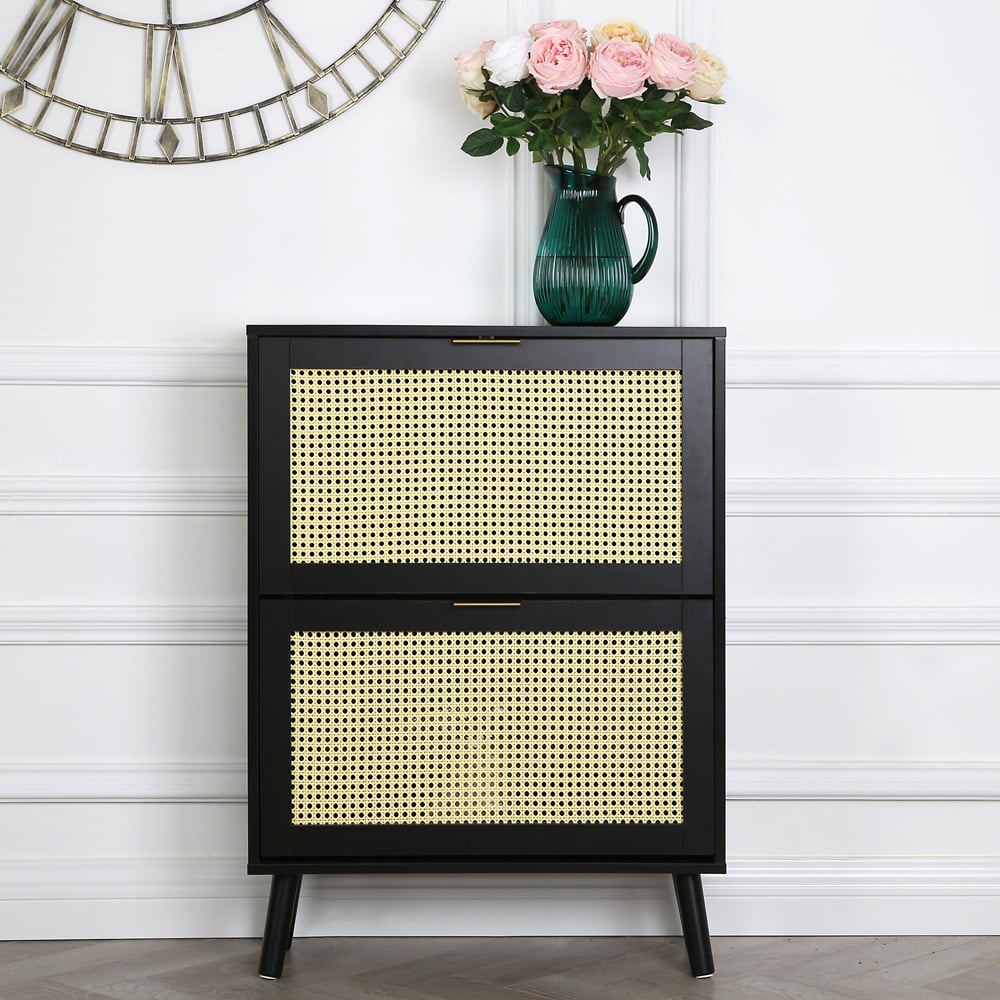 Craven 2 Drawer Black Shoe Cabinet with Cane Front Image 6