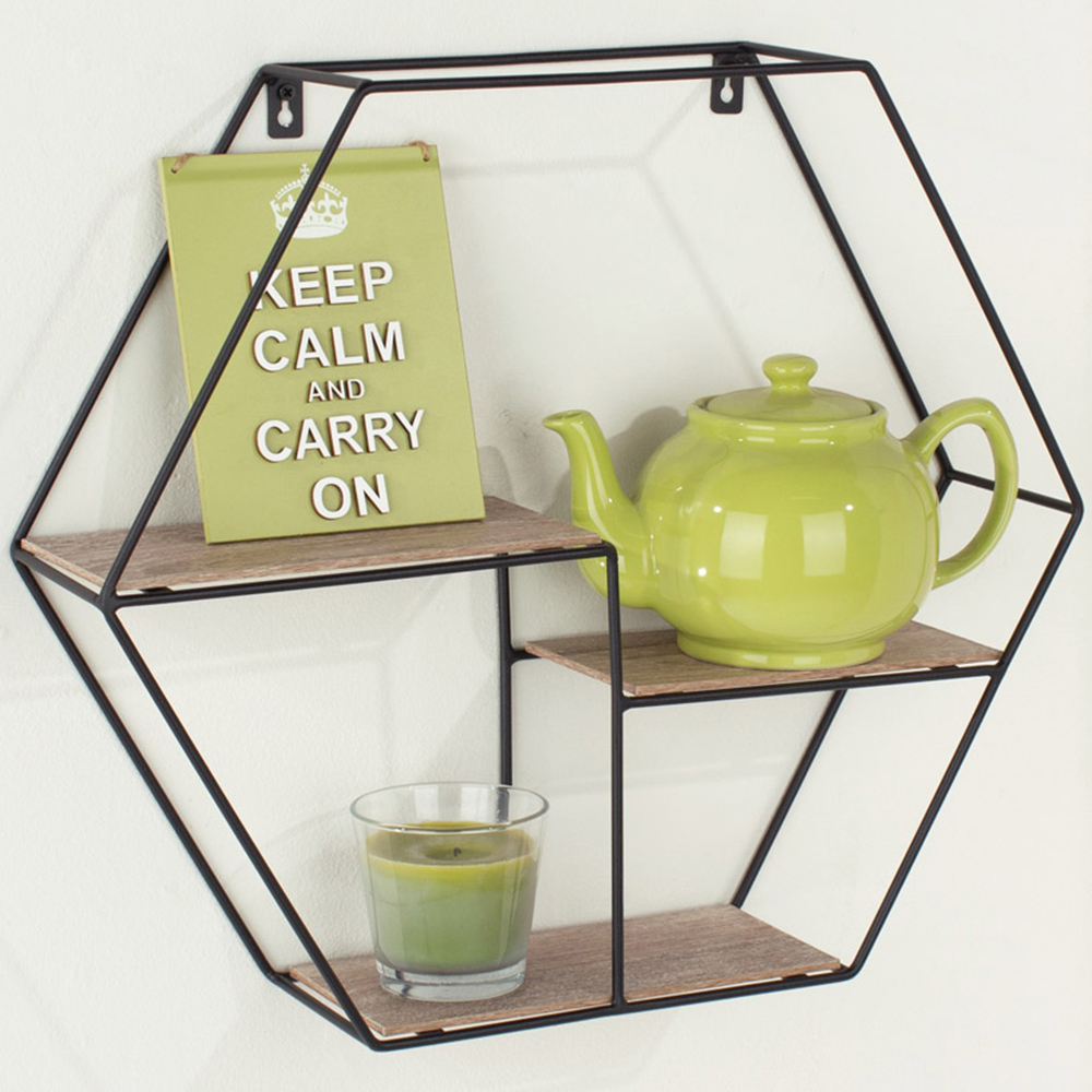 Core Products Loft Black Metal Wood Effect Hexagonal Display Wall Shelf Image 2