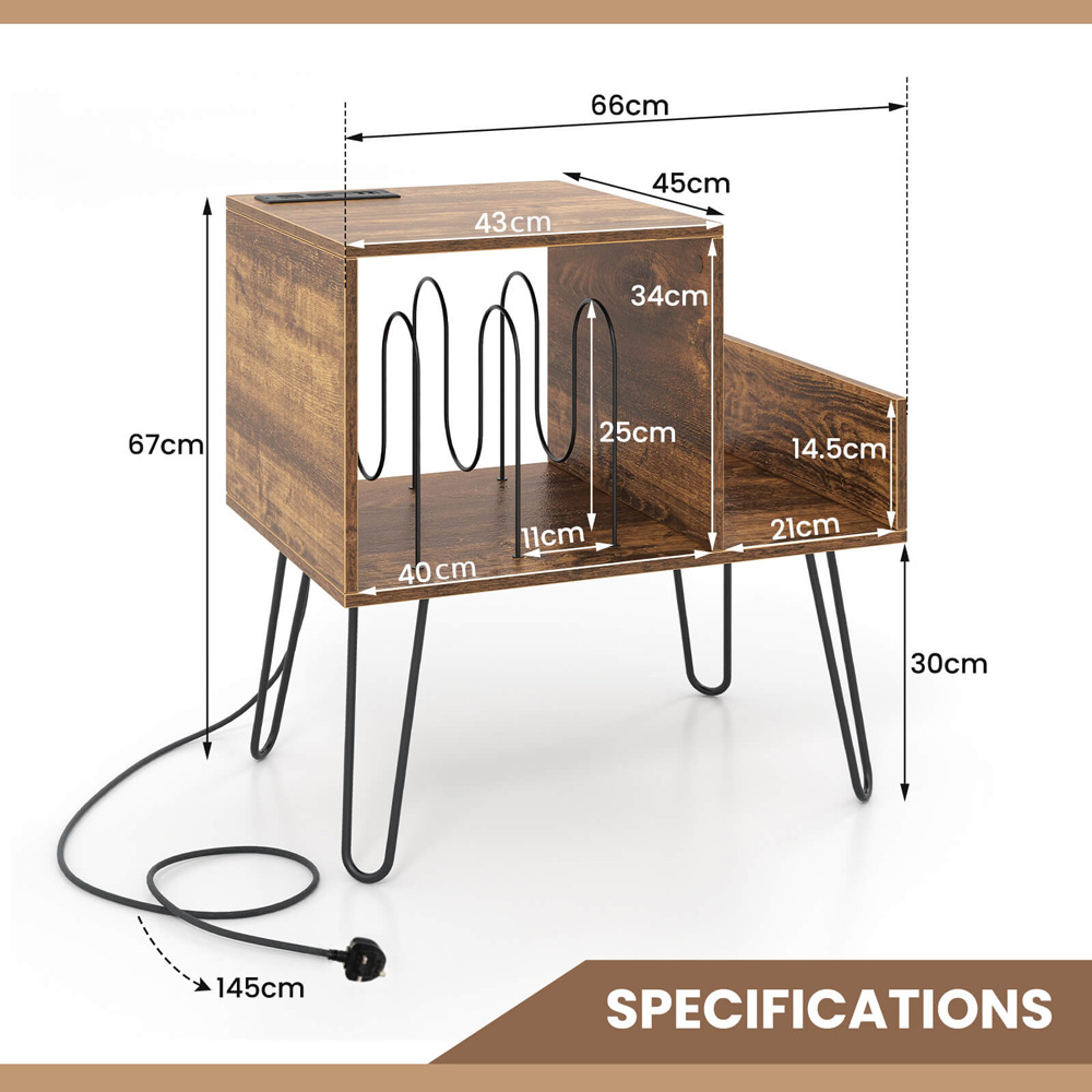Costway Rustic Brown Record Player Stand with Power Outlet and Removable Dividers Image 9