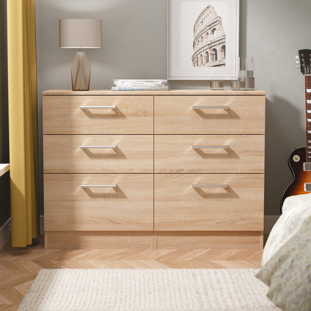 Crowndale Devon 6 Drawer Bardolino Oak Wide Chest of Drawers Ready Assembled Image 7