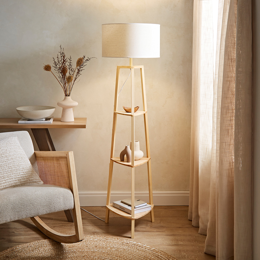 ValueLights Hiru 3 Shelf White Trim Linen Shade Floor Lamp and Bulb Image 2