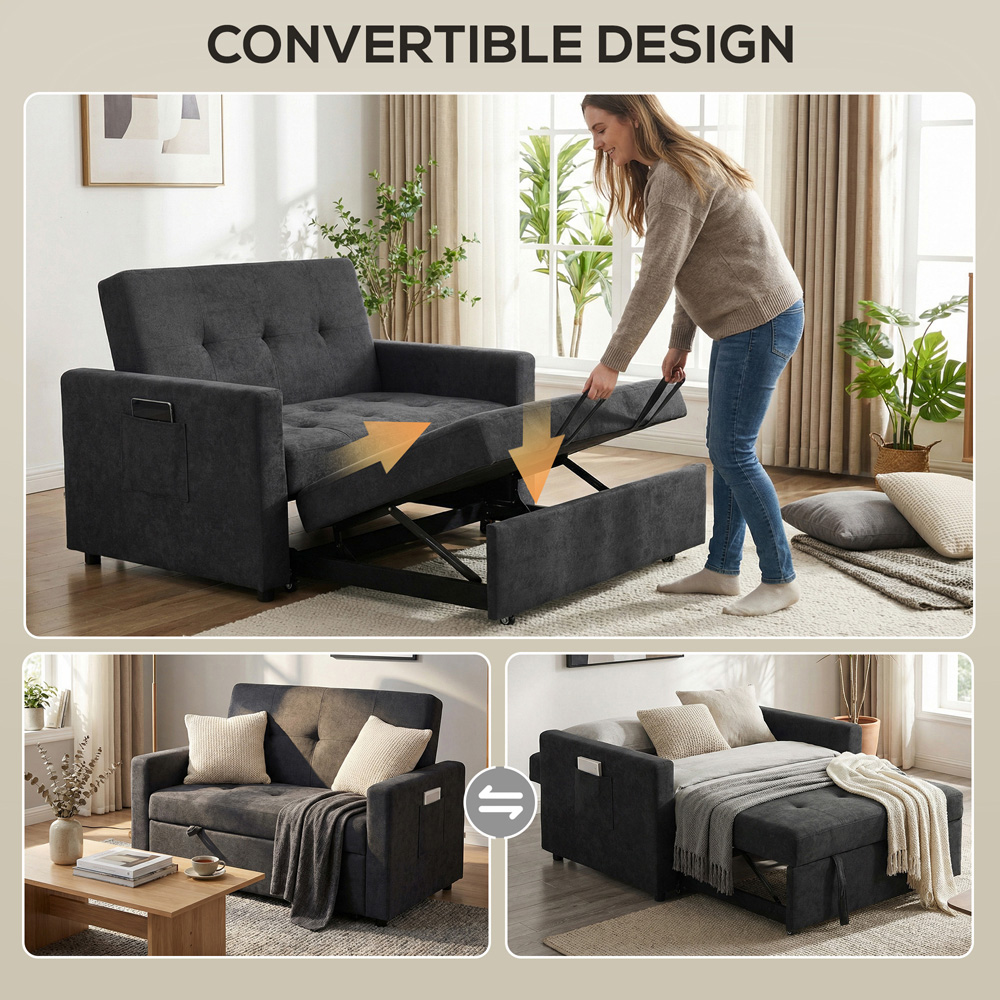 Portland 3-in-1 2 Seater Black Snow Flannel Convertible Sofa Bed with Pillows Image 4
