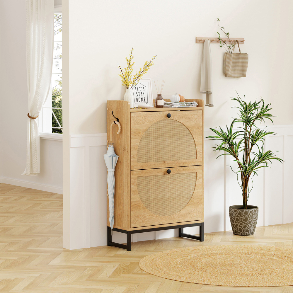 FurnitureHMD 2 Door Natural Woven Rattan Shoe Cabinet with Hooks Image 8