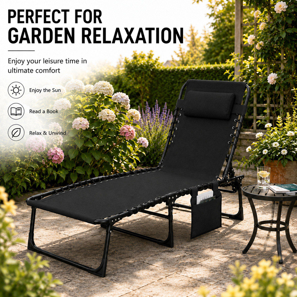 Shatchi Black Foldable Sun Lounger with Adjustable Backrest Image 3