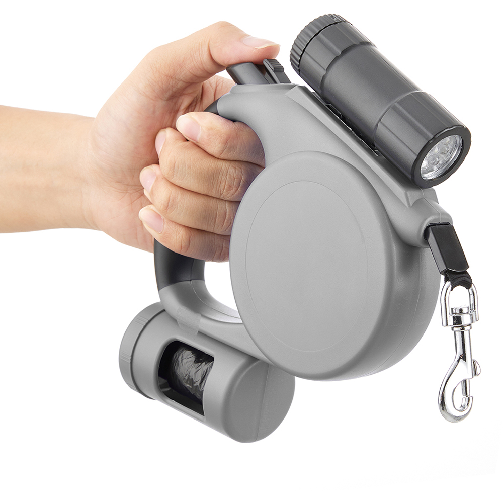 H&O Direct 5m Grey Retractable Dog Lead with Torch and Trash Bag Holder Image 3