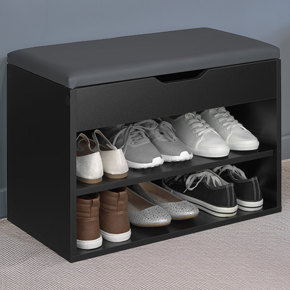 tectake Jasmina 2 Shelf Black Shoe Rack Bench with Cushion Image 1