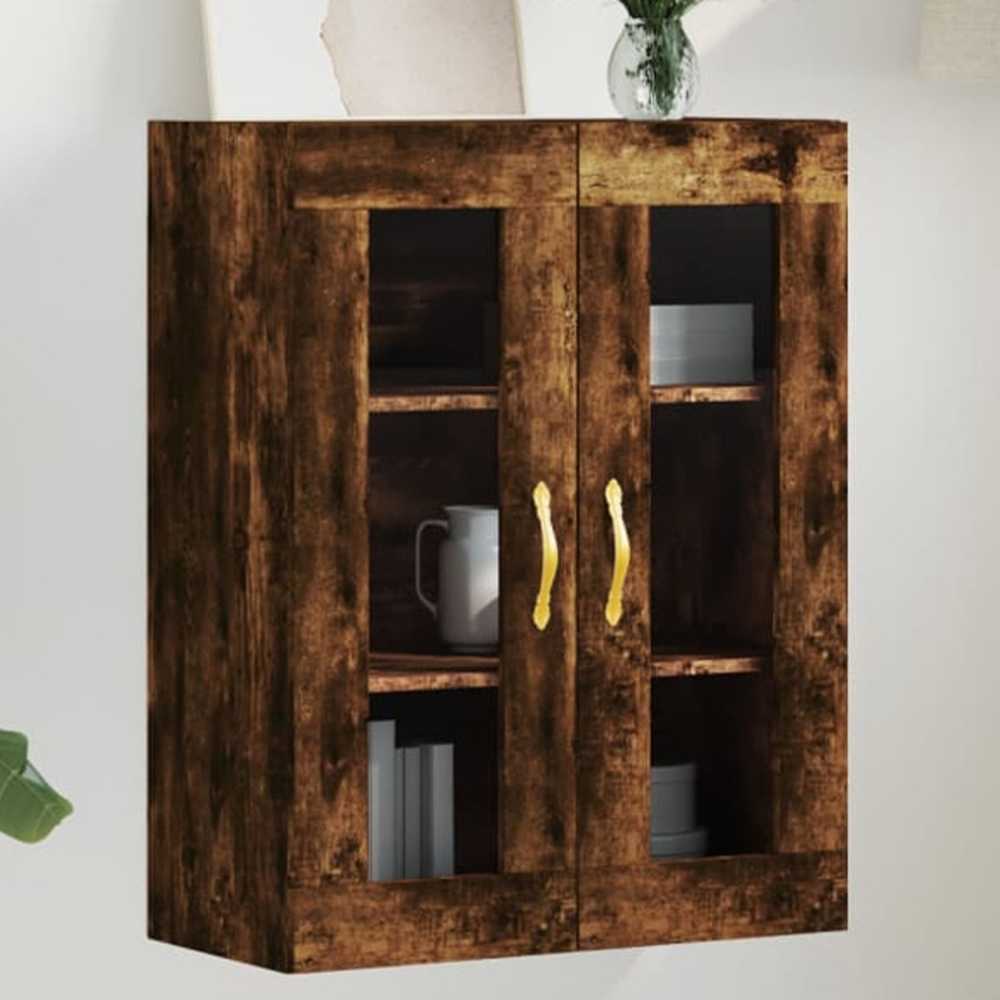 vidaXL 2 Glass Door Smoked Oak Wall Mounted Storage Cabinet Image 1