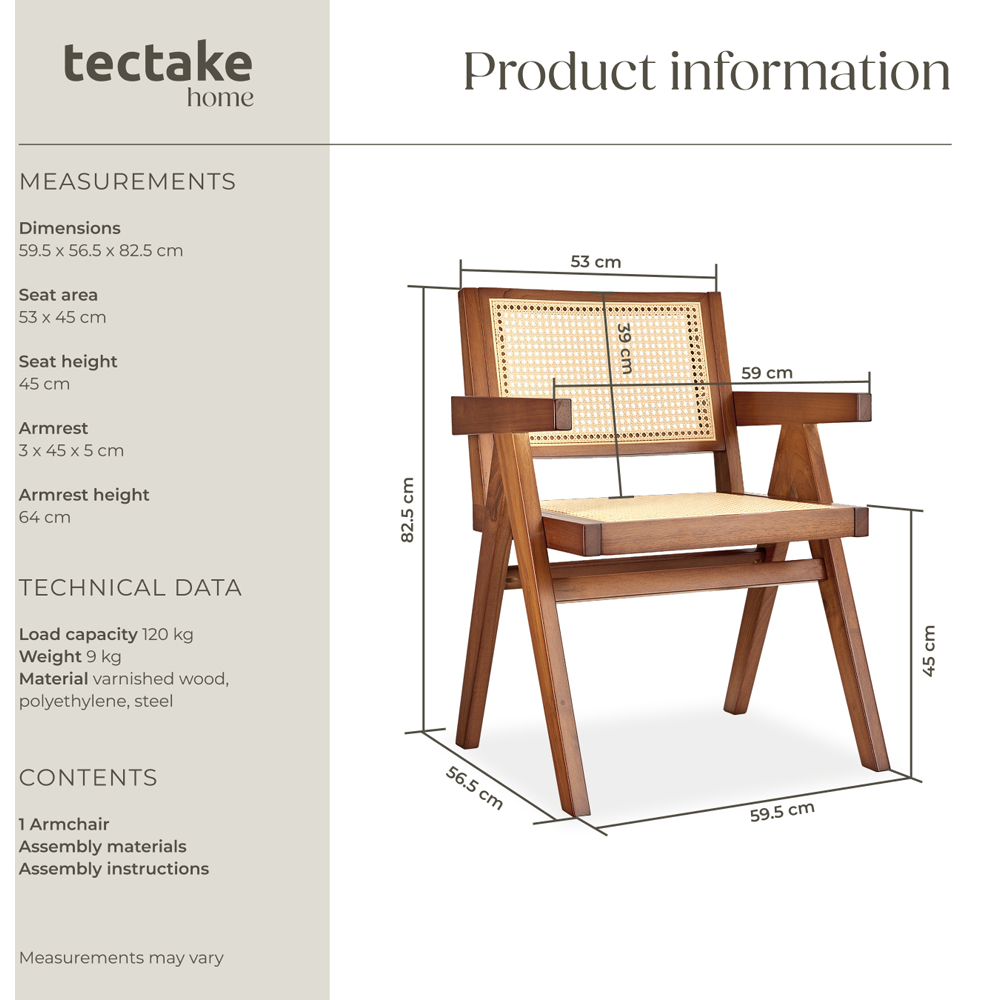tectake Lizzy Dark Oak Dining Chair with Rattan Backrest Image 9