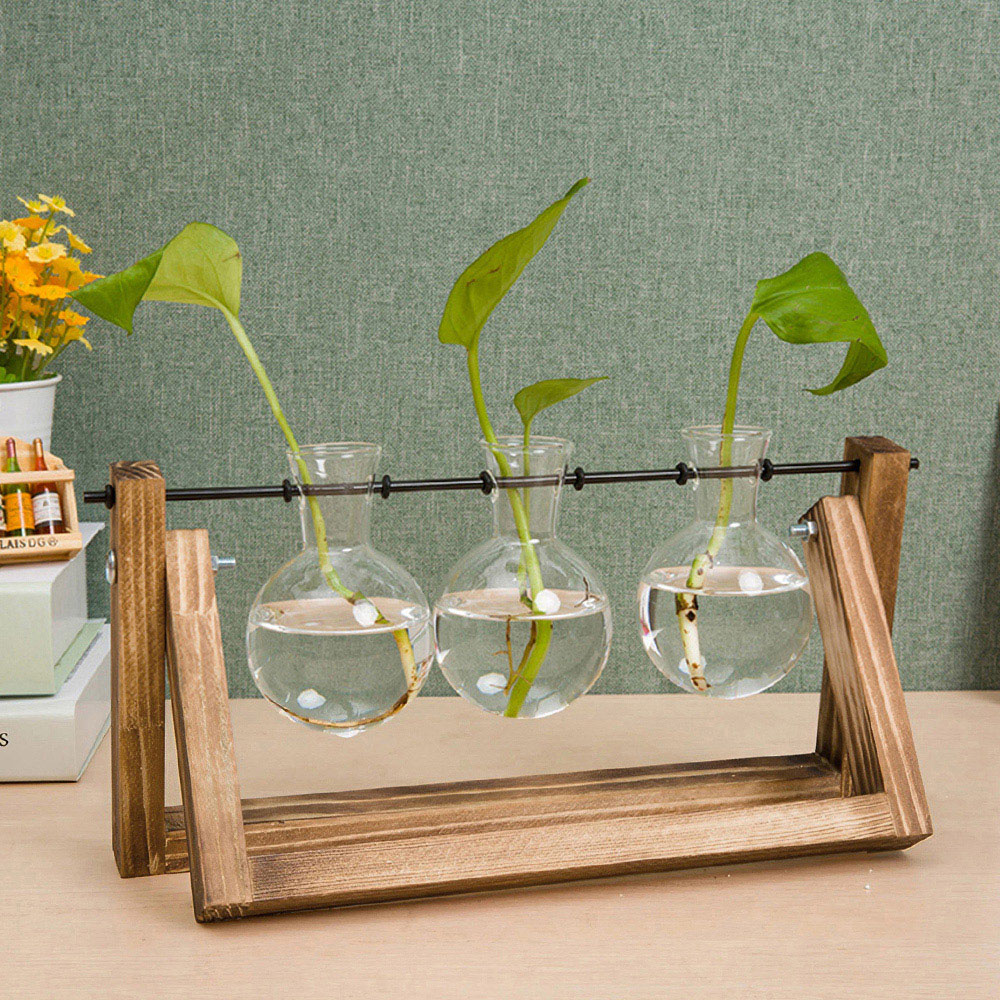Living and Home 3 Piece Bulb Glass Terrariums with Wood Stand Image 2