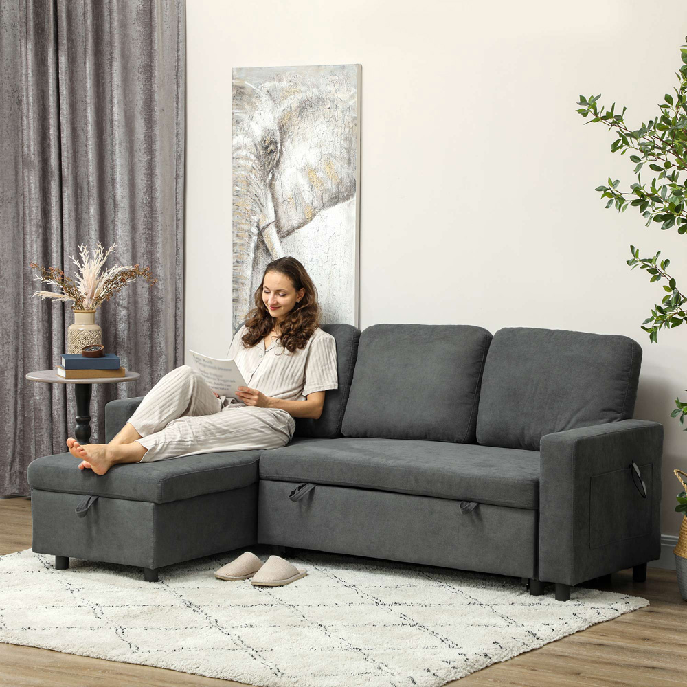 HOMCOM 3 Seater Dark Grey L Shape Pull Out Corner Sofa Bed Image 4