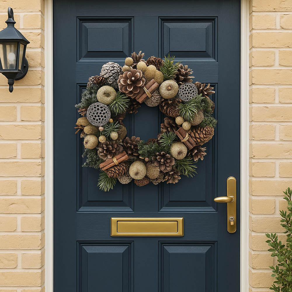 YouGarden Golden Fruits Christmas Wreath with Pinecones Berries and Natural Lotus Pods 30cm Image 2