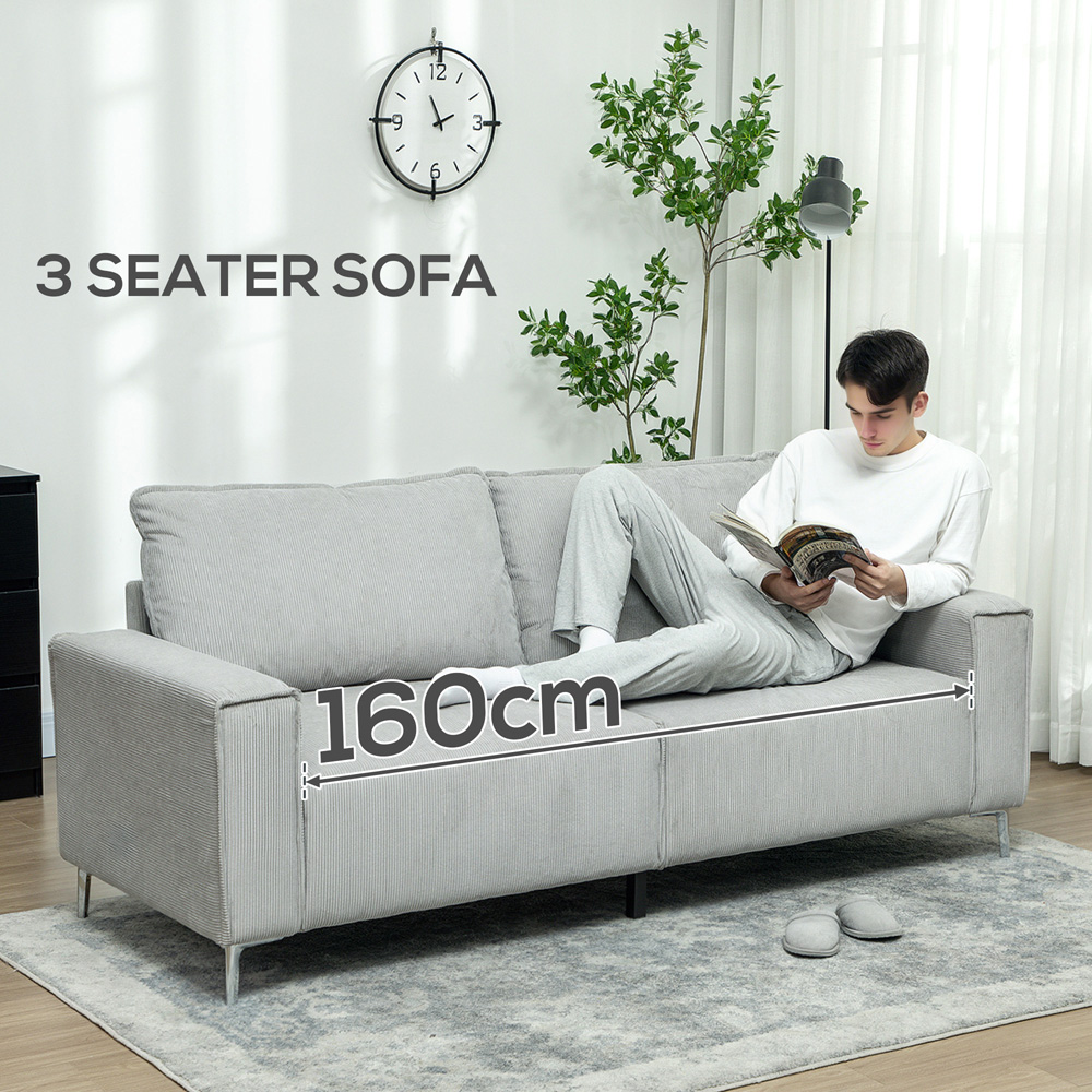 HOMCOM 3 Seater Light Grey Upholstered Corduroy Sofa Image 7