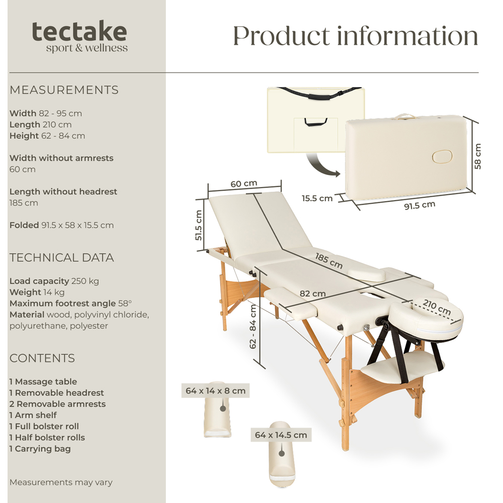 Massage Table - 3-zone bed, wooden frame, bolsters, carry bag, head & armrests - Beige Image 9