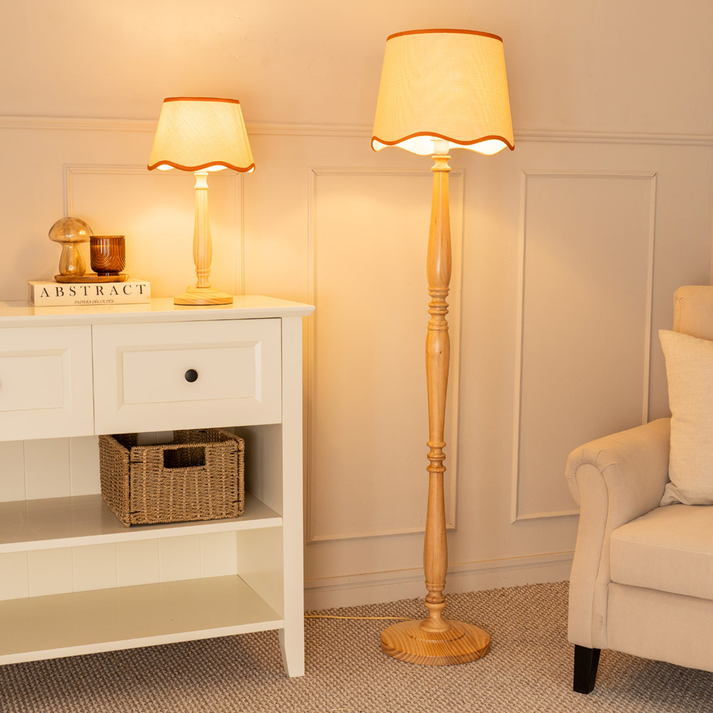 ValueLights Victoria Linen Scallop Rust Edge Shade Light Wood Table Lamp Image 5