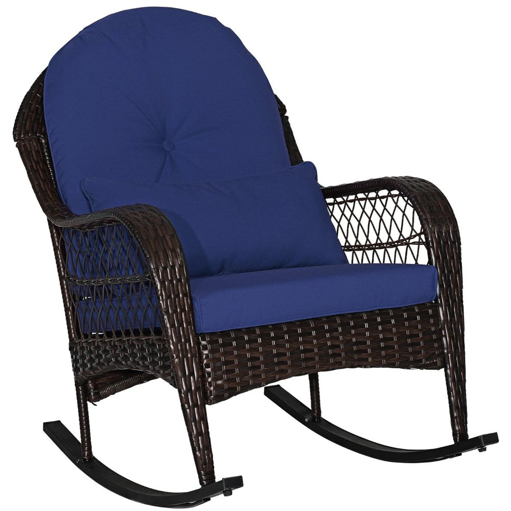 Costway Navy Patio Rattan Rocking Chair with Seat Back Cushions and Waist Pillow Image 2