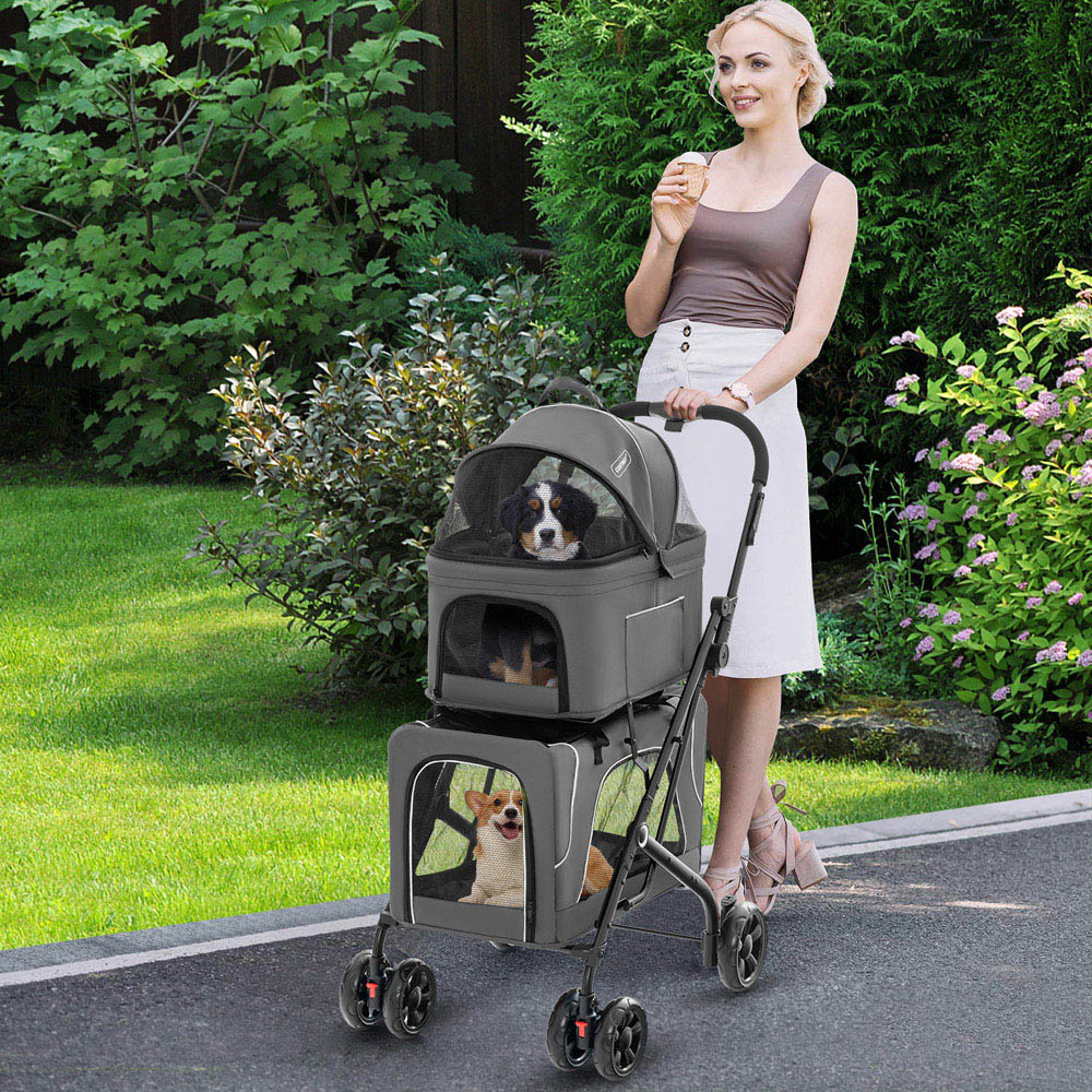 Costway Grey Foldable Double Pet Stroller Image 2