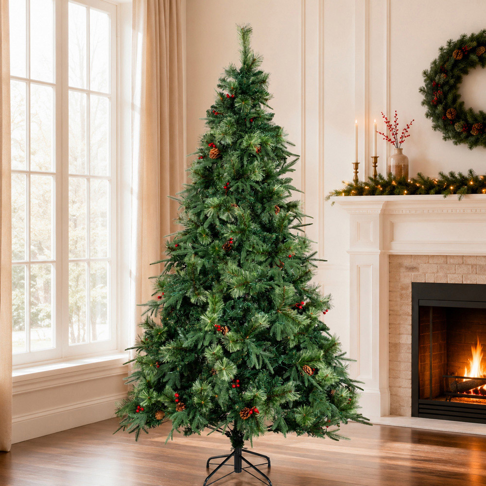 Abrihome Green Artificial Christmas Tree with Blooming Pine Needles Berries and Pinecones 7.5ft Image 3